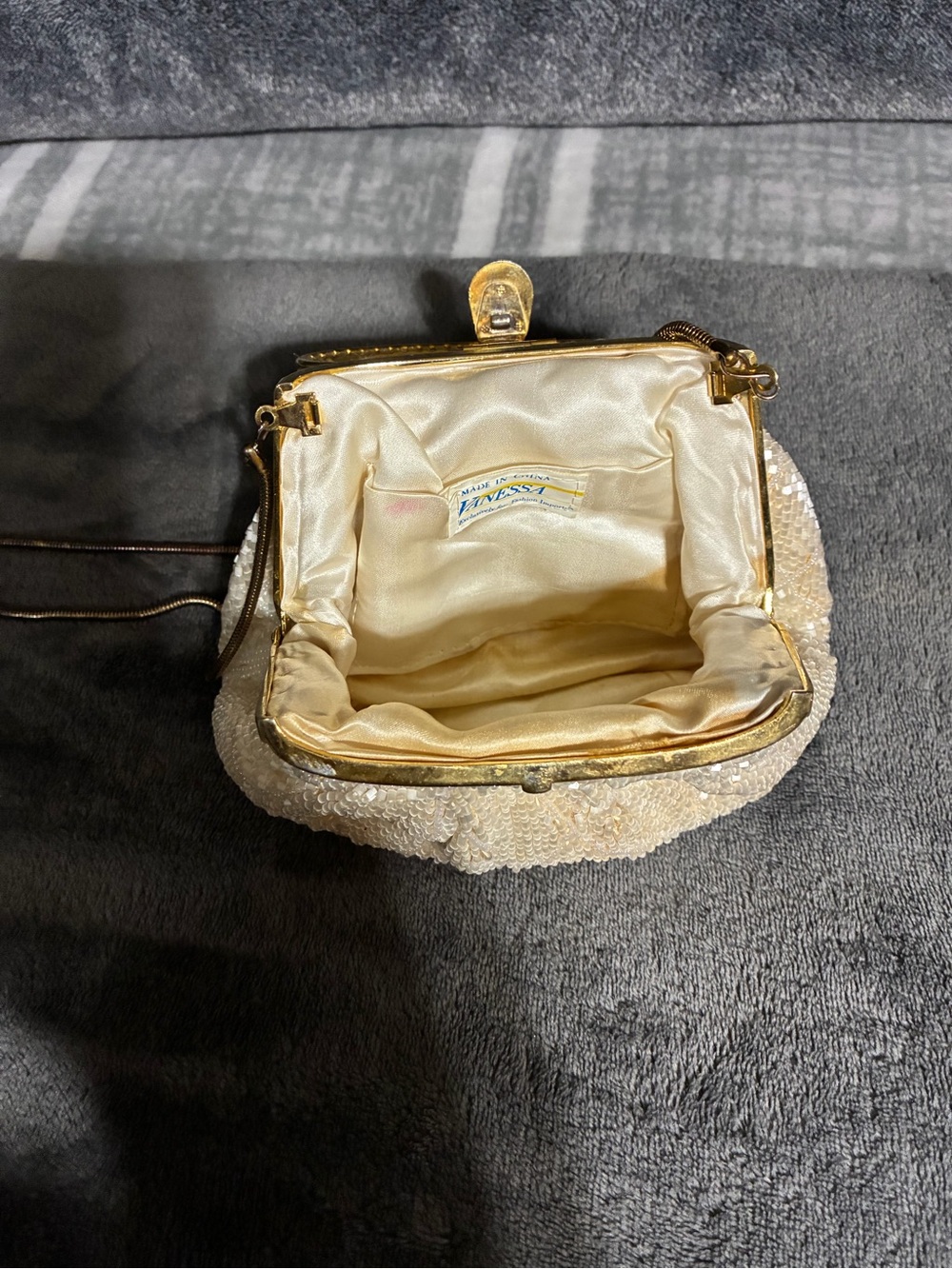 Vintage Ivory Sequin Evening Clutch with Gold Frame